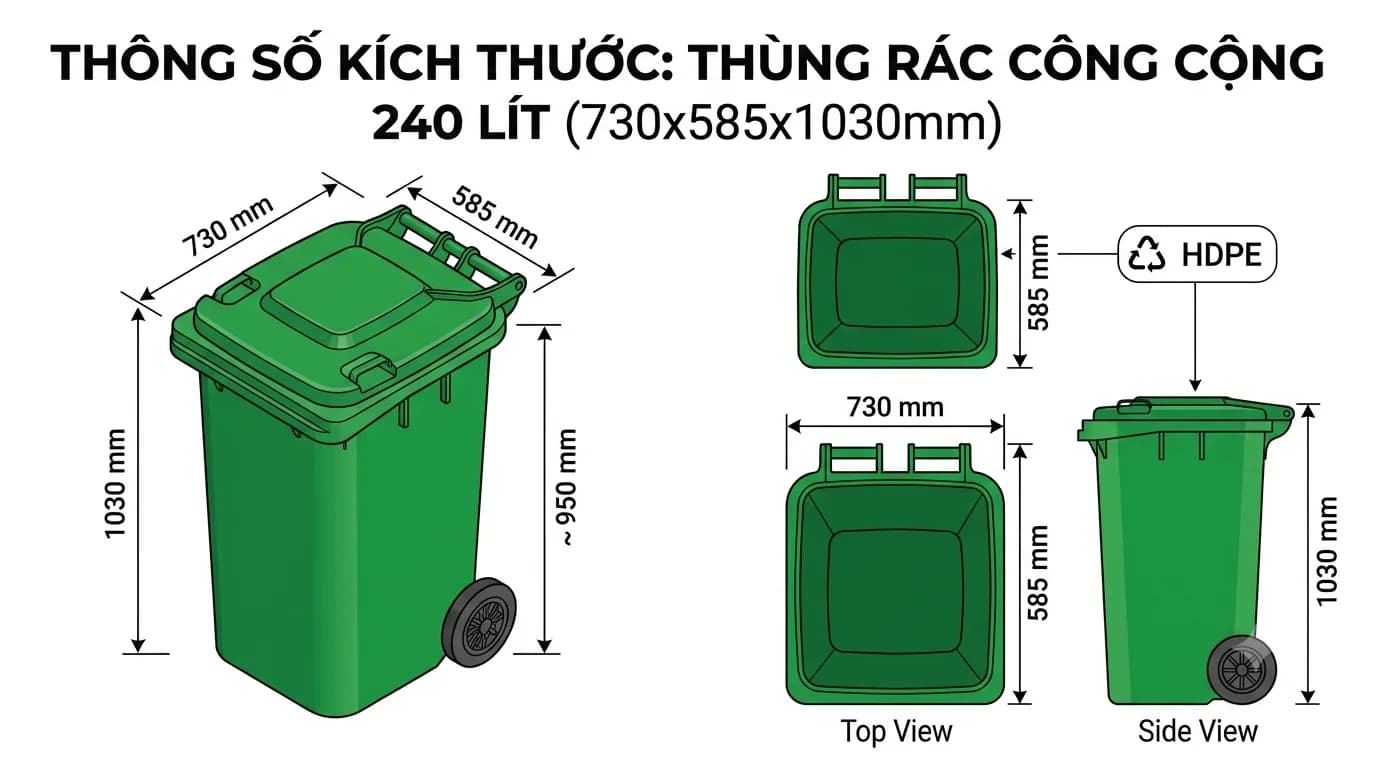 240 Liter Plastic Waste Bin with 2 Wheels-2